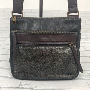 Fossil Leather Crossbody bag Brown metallic design Adjustable strap Zip close